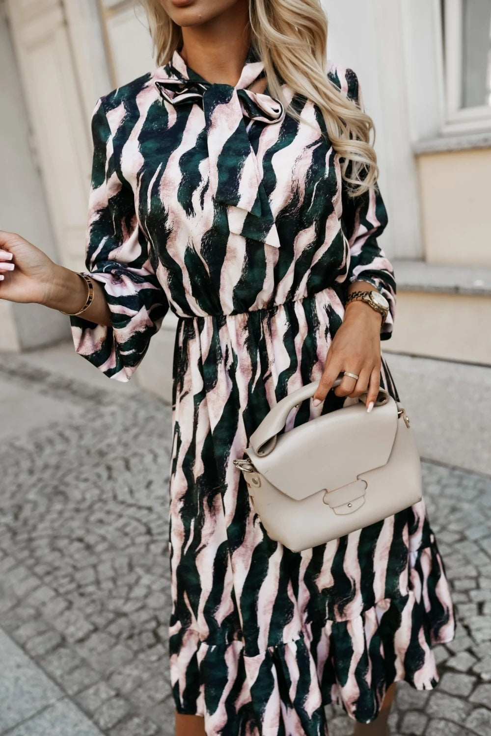 Women's Fashion Bowknot Zebra Print Long Sleeve Dress