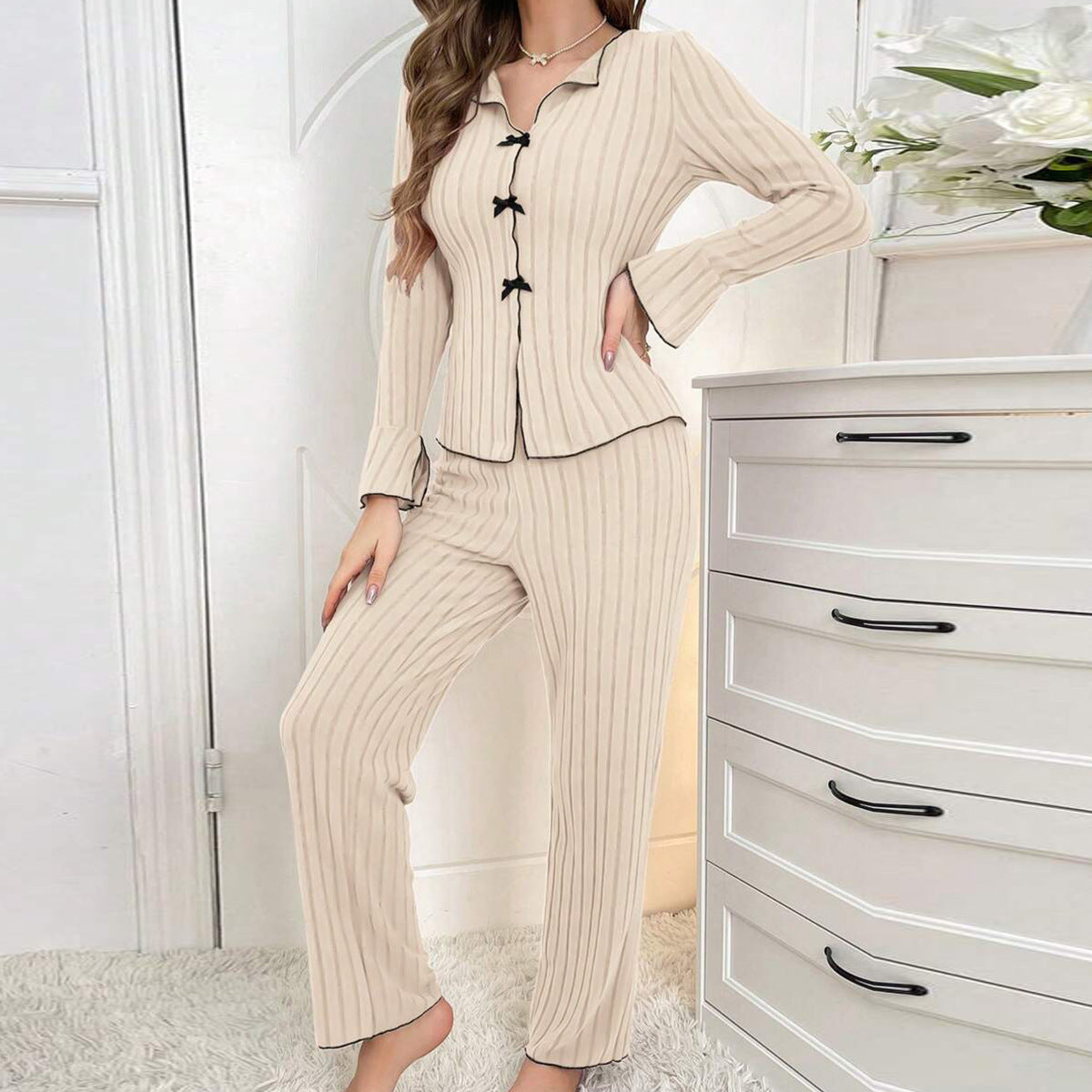 Lapel Bow Fashion Long Sleeve Trousers Home