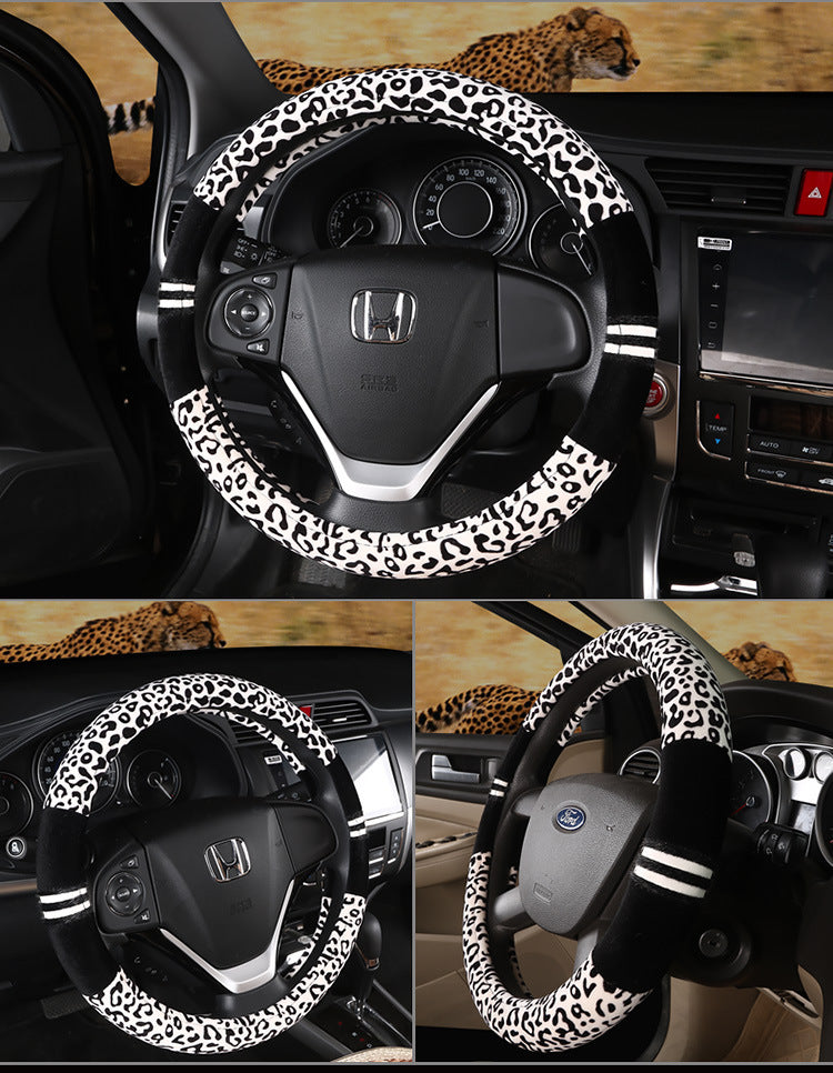 Winter Plush Car Steering Wheel Covers Leopard Grain