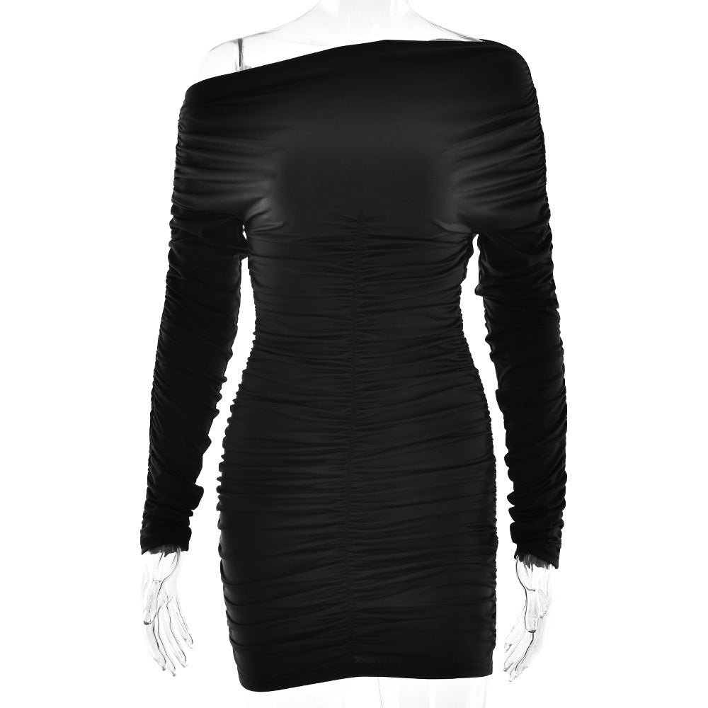 Women's Long Sleeve Pleated Slim Fit Dress