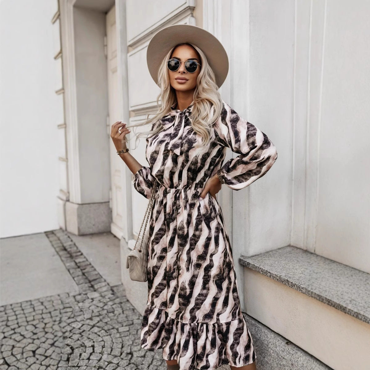 Women's Fashion Bowknot Zebra Print Long Sleeve Dress