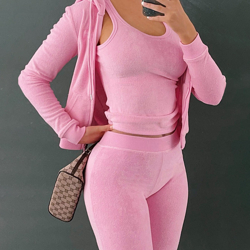 Sportswear Three-piece Zipper Hoodie Top Vest Pants Casual Suit