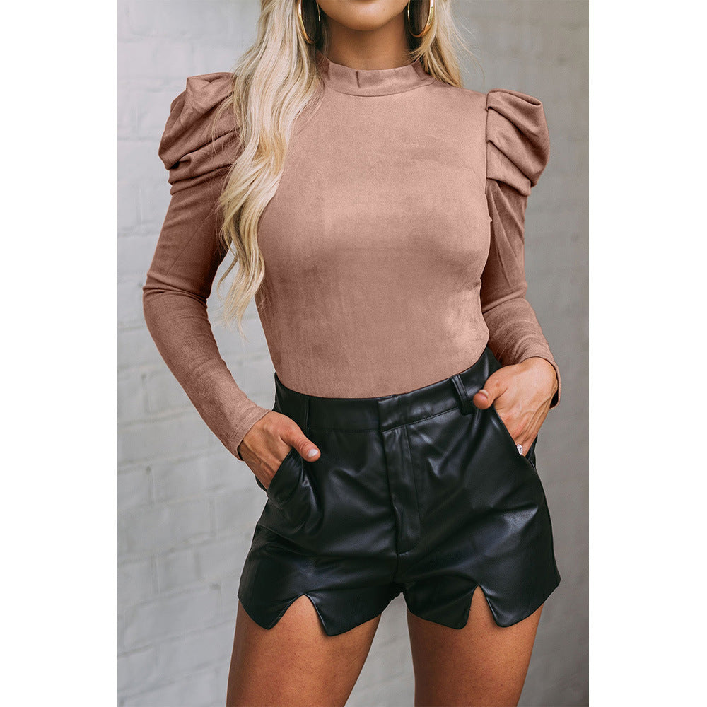 Women's Solid Color Suede One-piece Suit Gigot Sleeve Tight Top