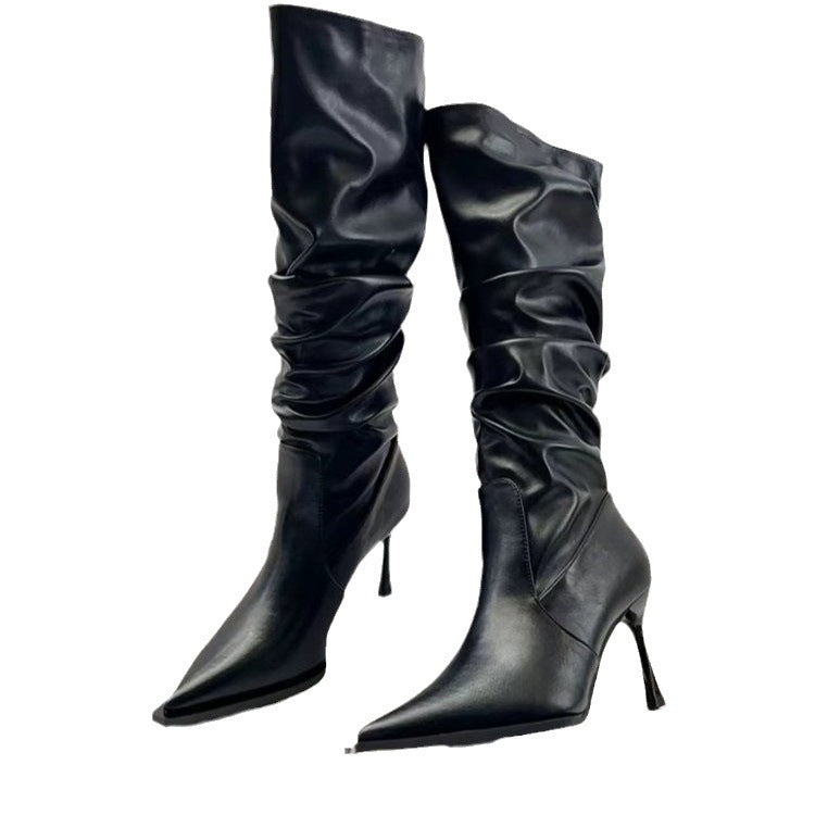 European And American Pointed Pleated High Boots Women