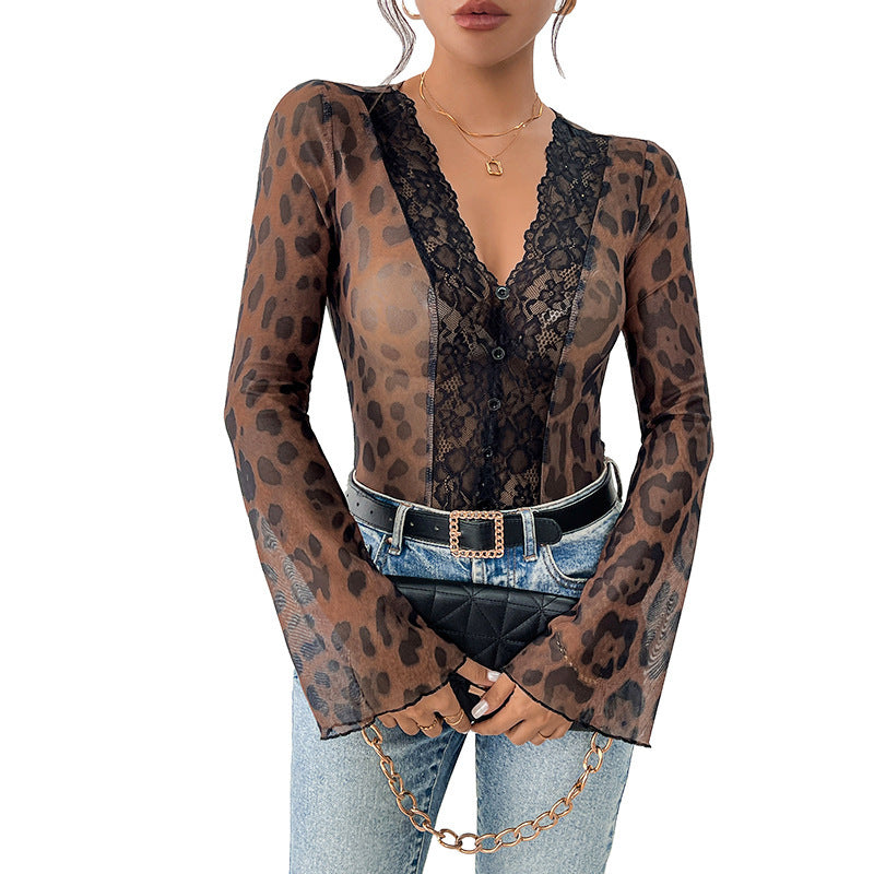 Women's Fashion Leopard Print Printed Mesh Jumpsuit