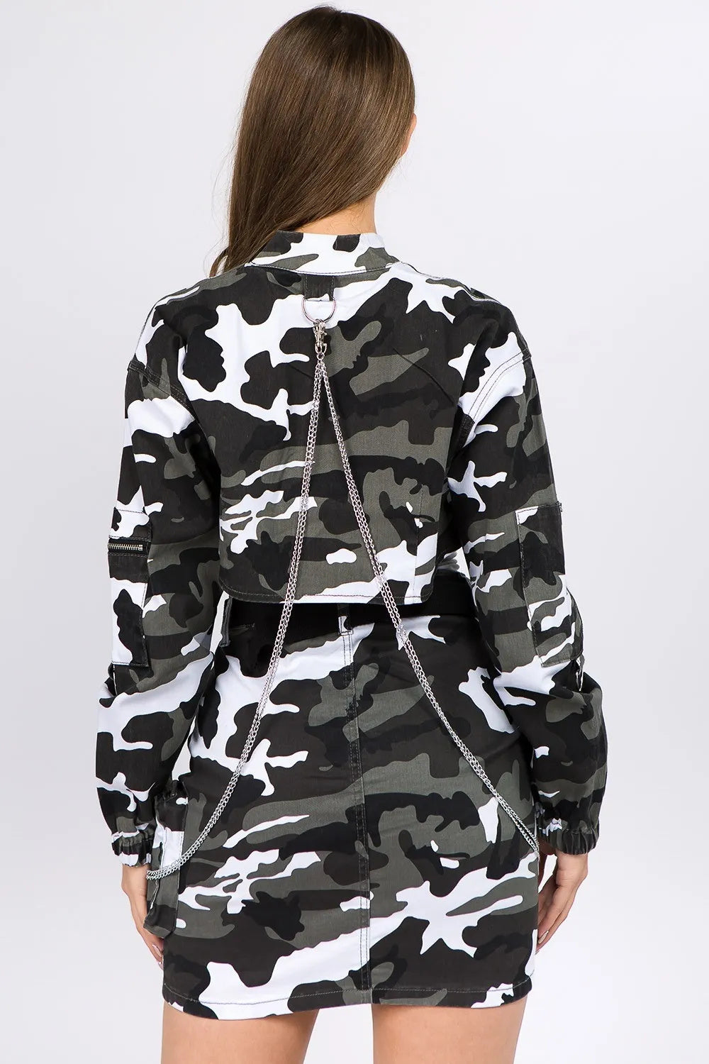 American Bazi Camouflage Cropped Jacket With Chains