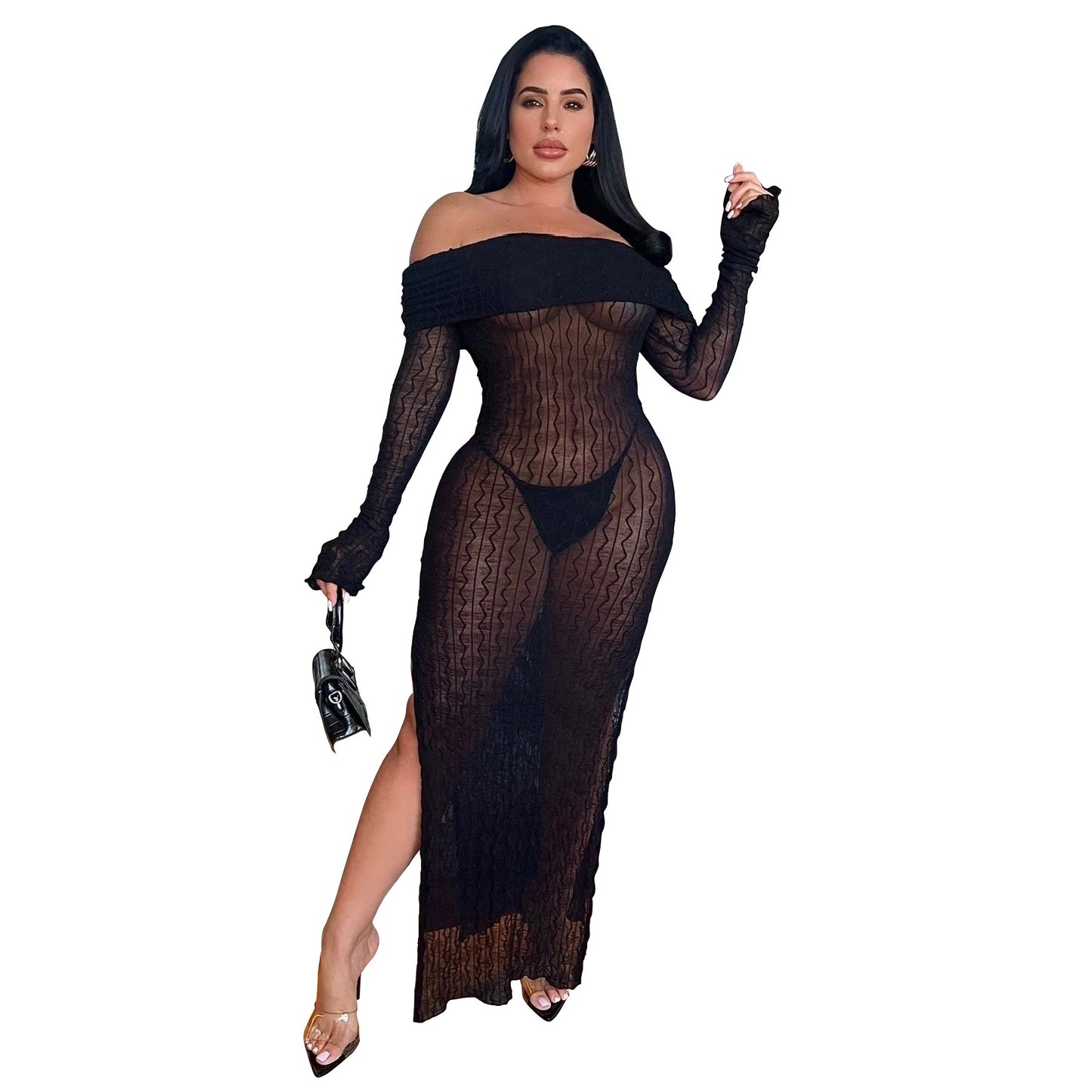 Women's Off-neck Long Sleeve See-through Split Dress