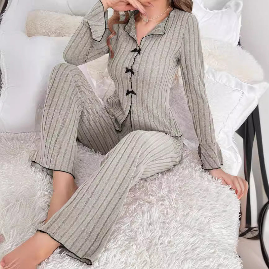 Lapel Bow Fashion Long Sleeve Trousers Home