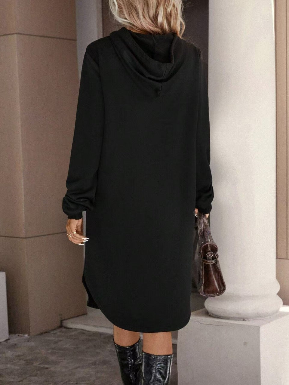 European And American Women's Hooded Long-sleeved Solid Color Dress