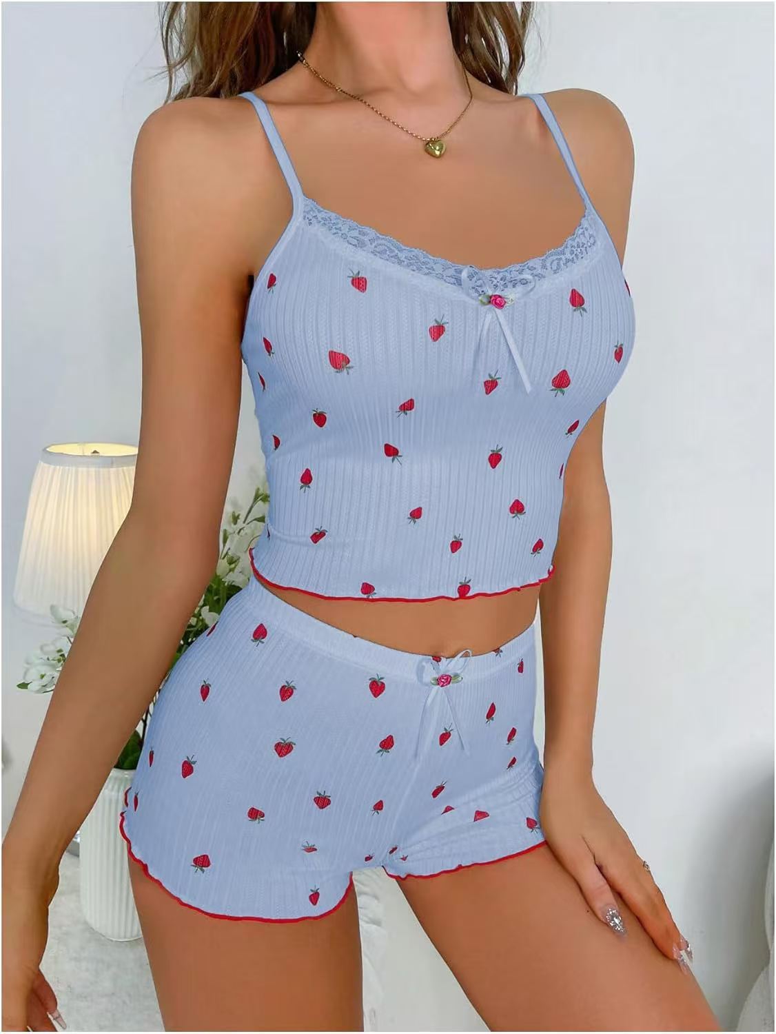 New Printed Big Pit Strip Home Ladies Bow Suspender Shorts Strawberry Printed Two-piece Suit Lace