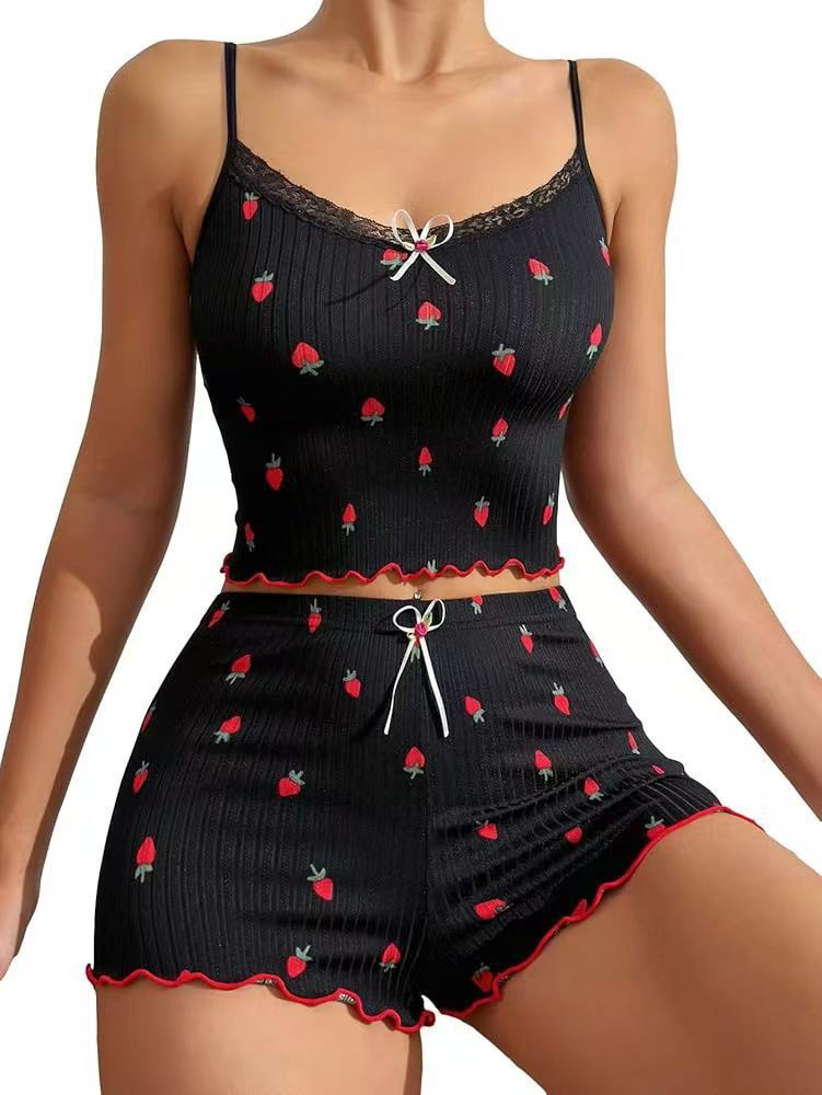 New Printed Big Pit Strip Home Ladies Bow Suspender Shorts Strawberry Printed Two-piece Suit Lace