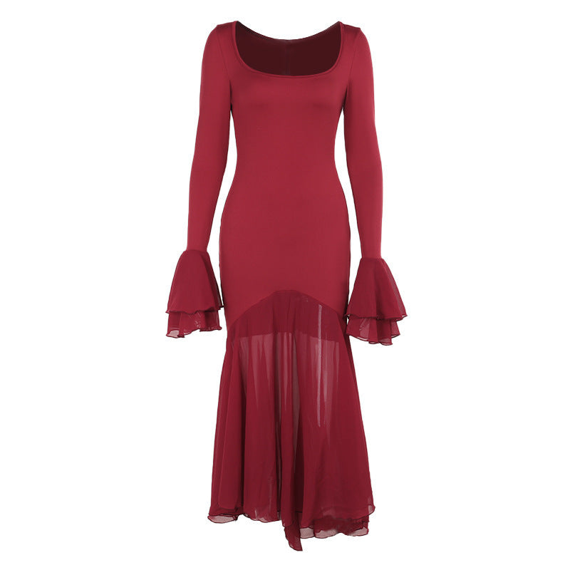 Slim Fit Ruffled Long Sleeve Dress Women