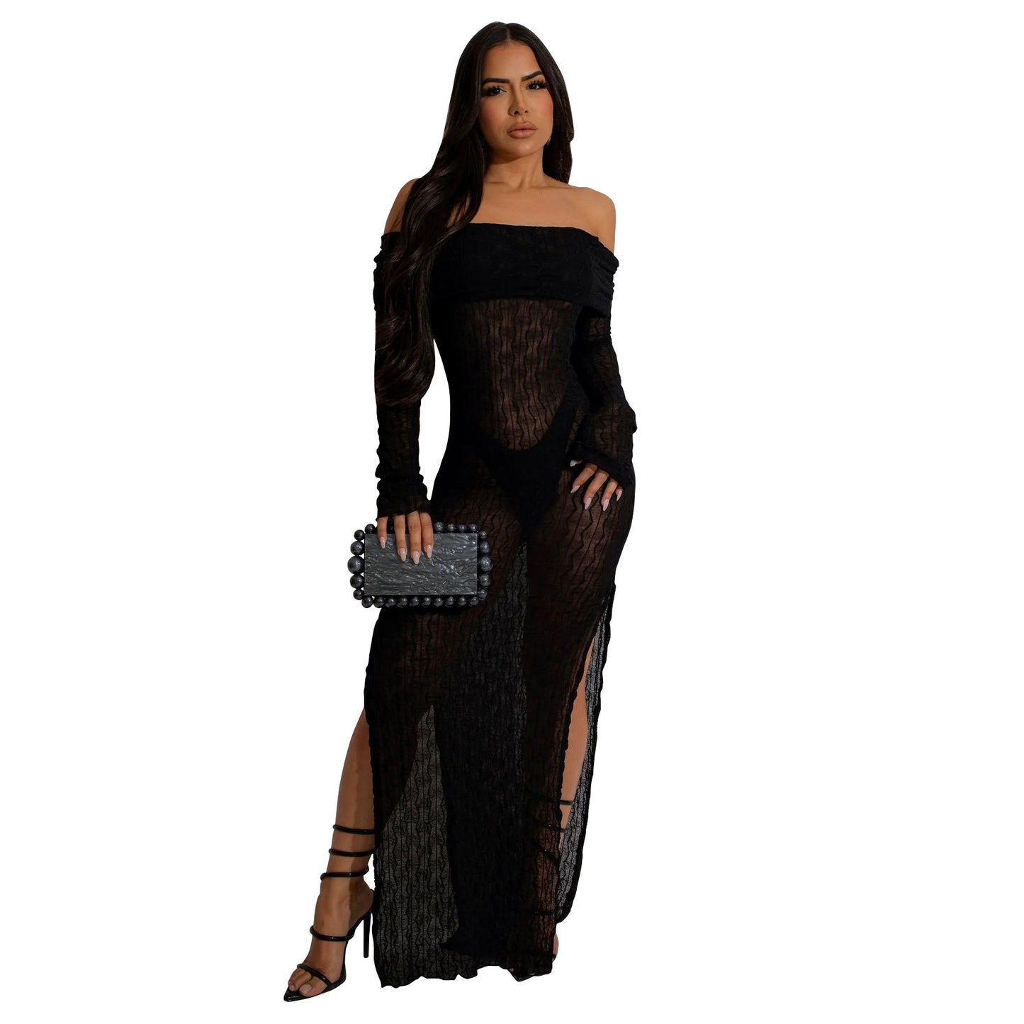 Women's Off-neck Long Sleeve See-through Split Dress