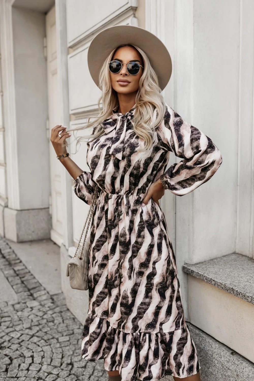 Women's Fashion Bowknot Zebra Print Long Sleeve Dress