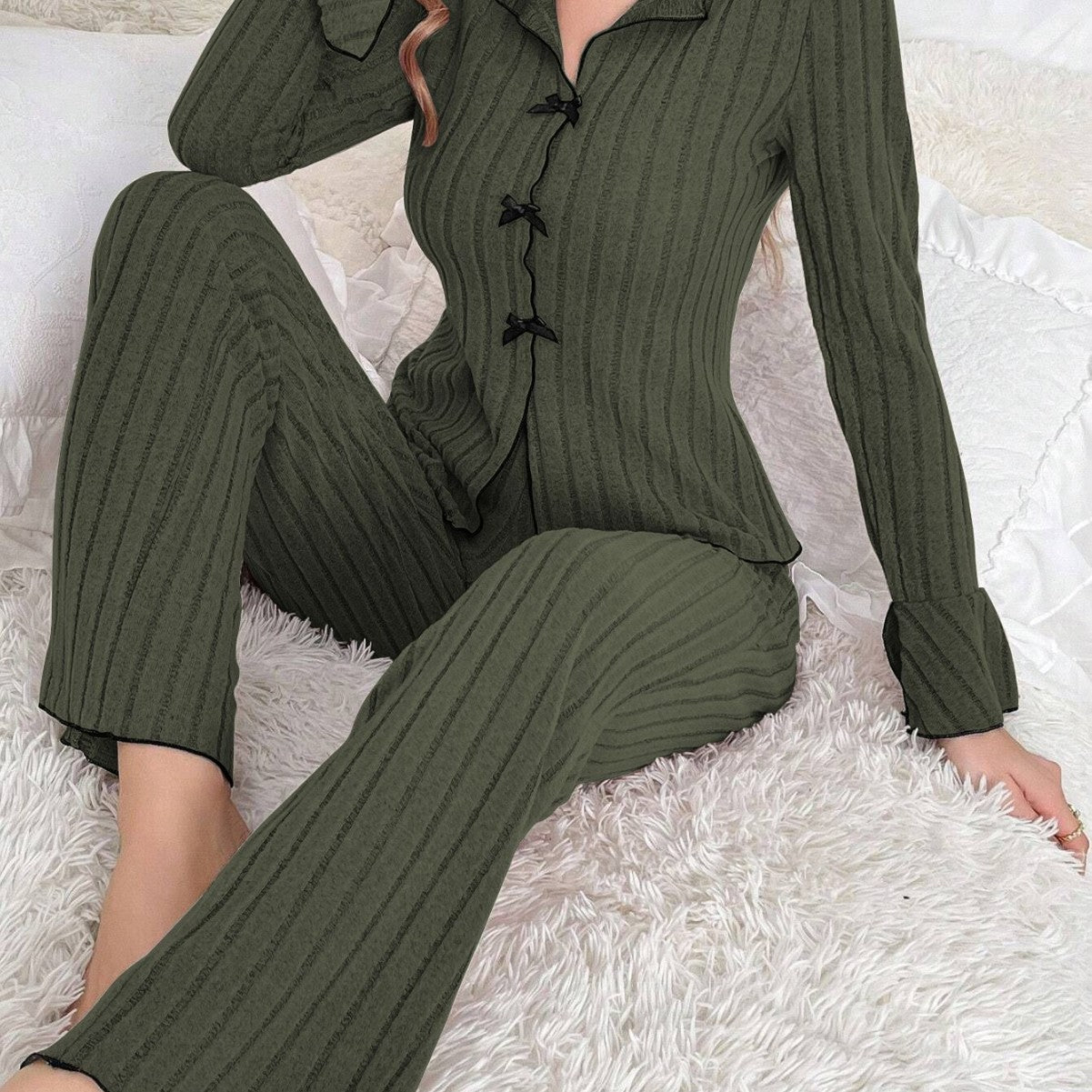 Lapel Bow Fashion Long Sleeve Trousers Home