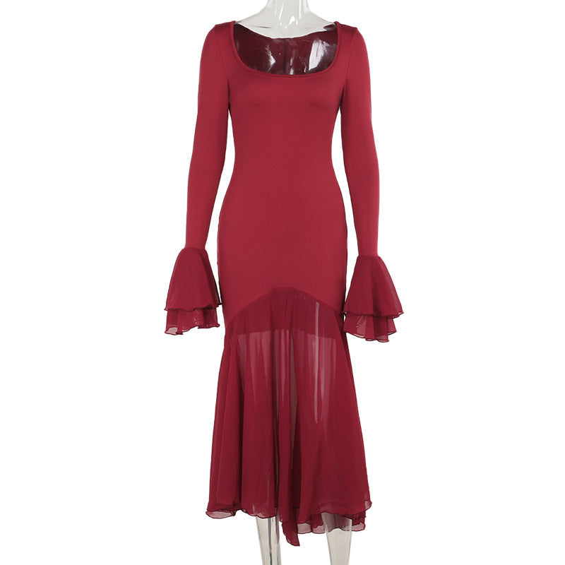 Slim Fit Ruffled Long Sleeve Dress Women