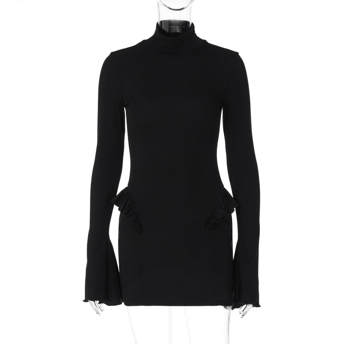 Pure Color Half Collar Bell Sleeve Waist-tight Sheath Dress