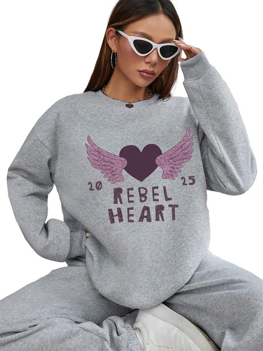 Women Basic Casual Pullover Spring Autumn Long Sleeve Purple Love Wings Printed Round Neck