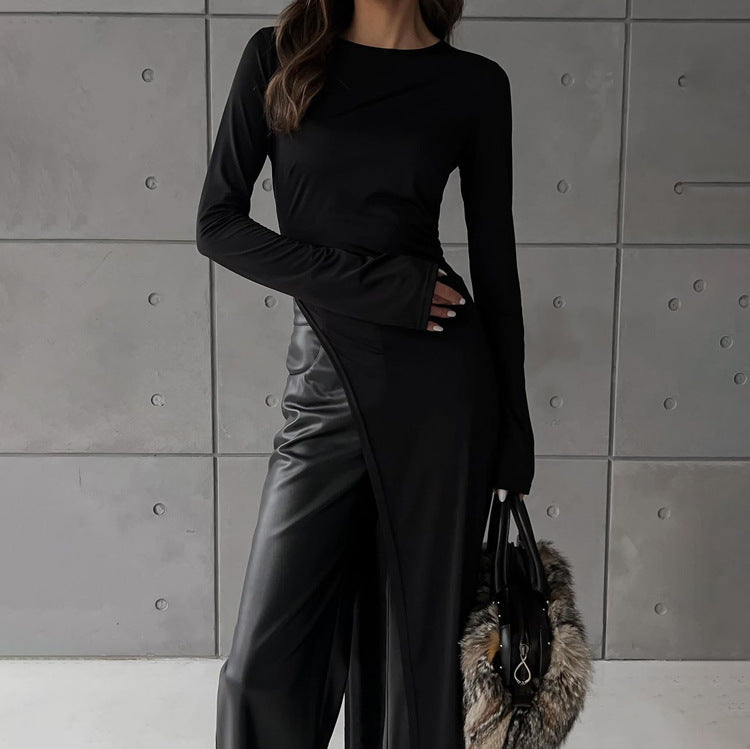 Irregular Slit Solid Color Round-neck Long-sleeved Dress