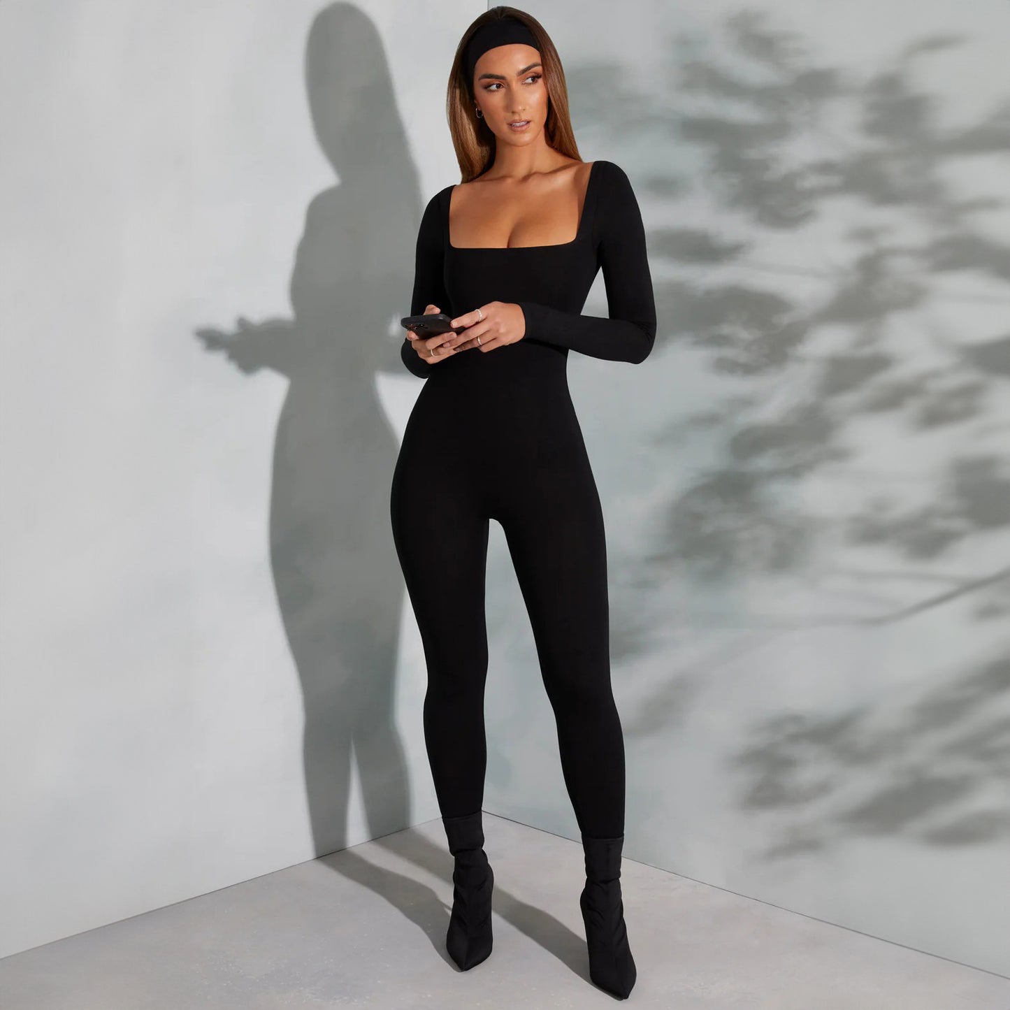 Fashion Solid Color Long Sleeve Belly Waist Shaping And Hip Lift Square Collar Jumpsuit