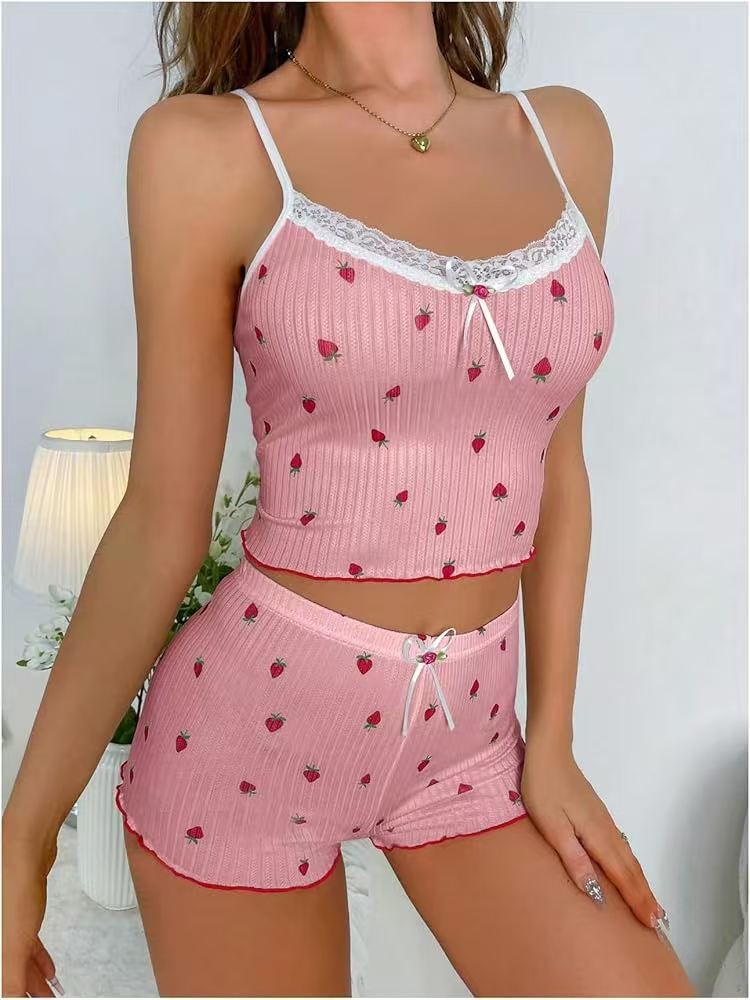 New Printed Big Pit Strip Home Ladies Bow Suspender Shorts Strawberry Printed Two-piece Suit Lace