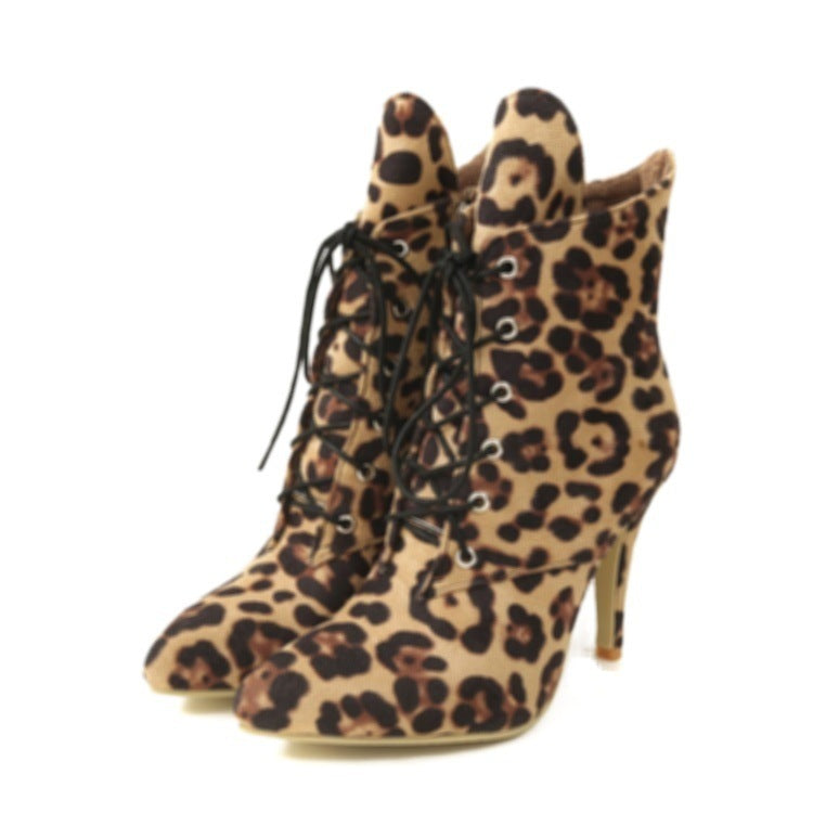 Sexy Leopard Print Women's Suede Boots Super High Heel Pointed-toe Lace