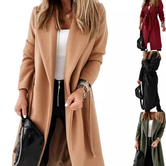 Extended Woolen Women's Coat Plus Size Lace Up