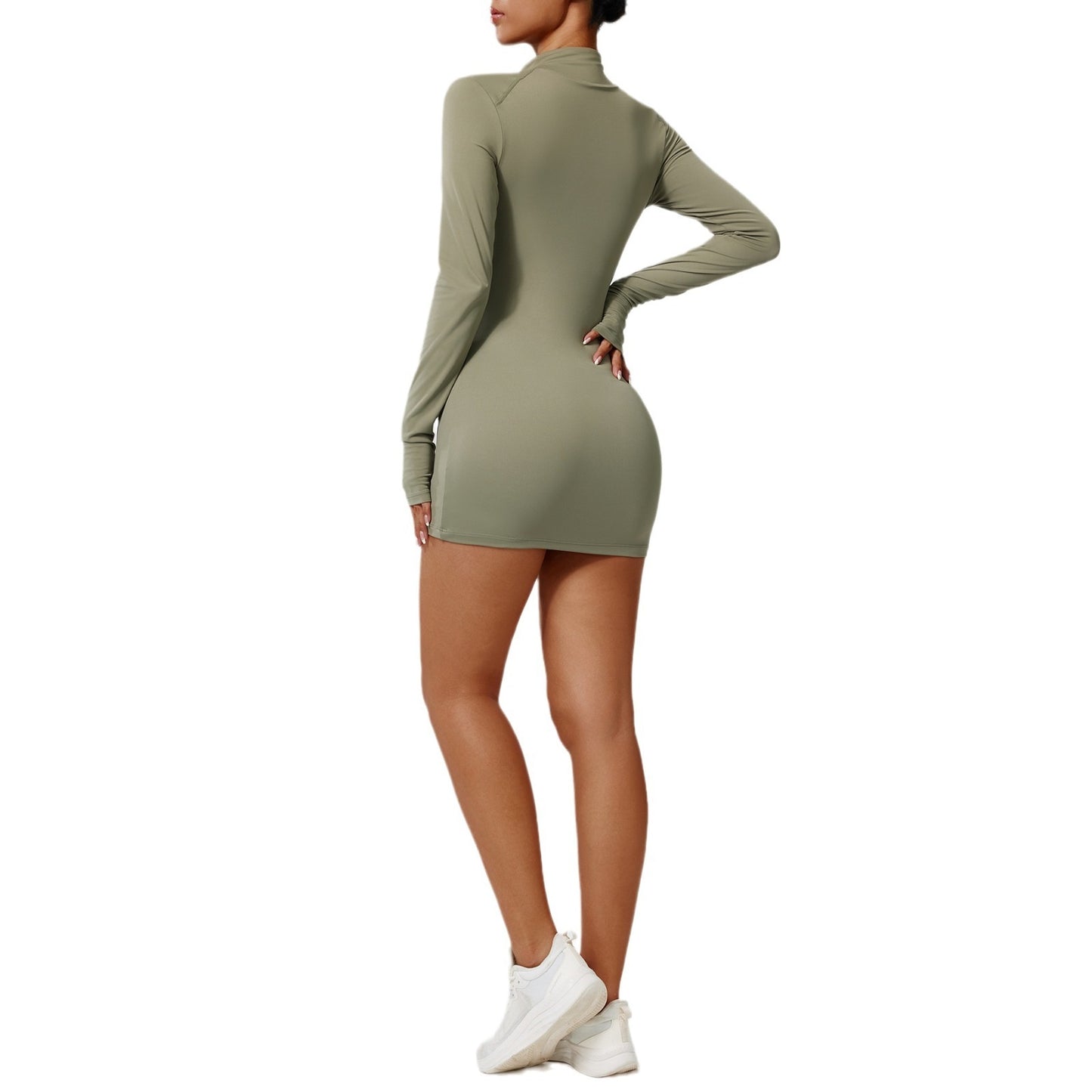 European And American Zipper Nude Feel Tight Sports Dress Slimming Quick-drying Fitness Yoga Long Sleeve Casual Dress Sexy