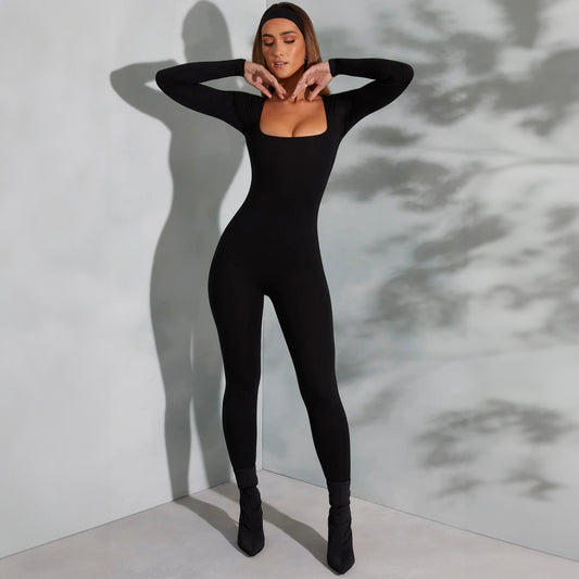 Fashion Solid Color Long Sleeve Belly Waist Shaping And Hip Lift Square Collar Jumpsuit