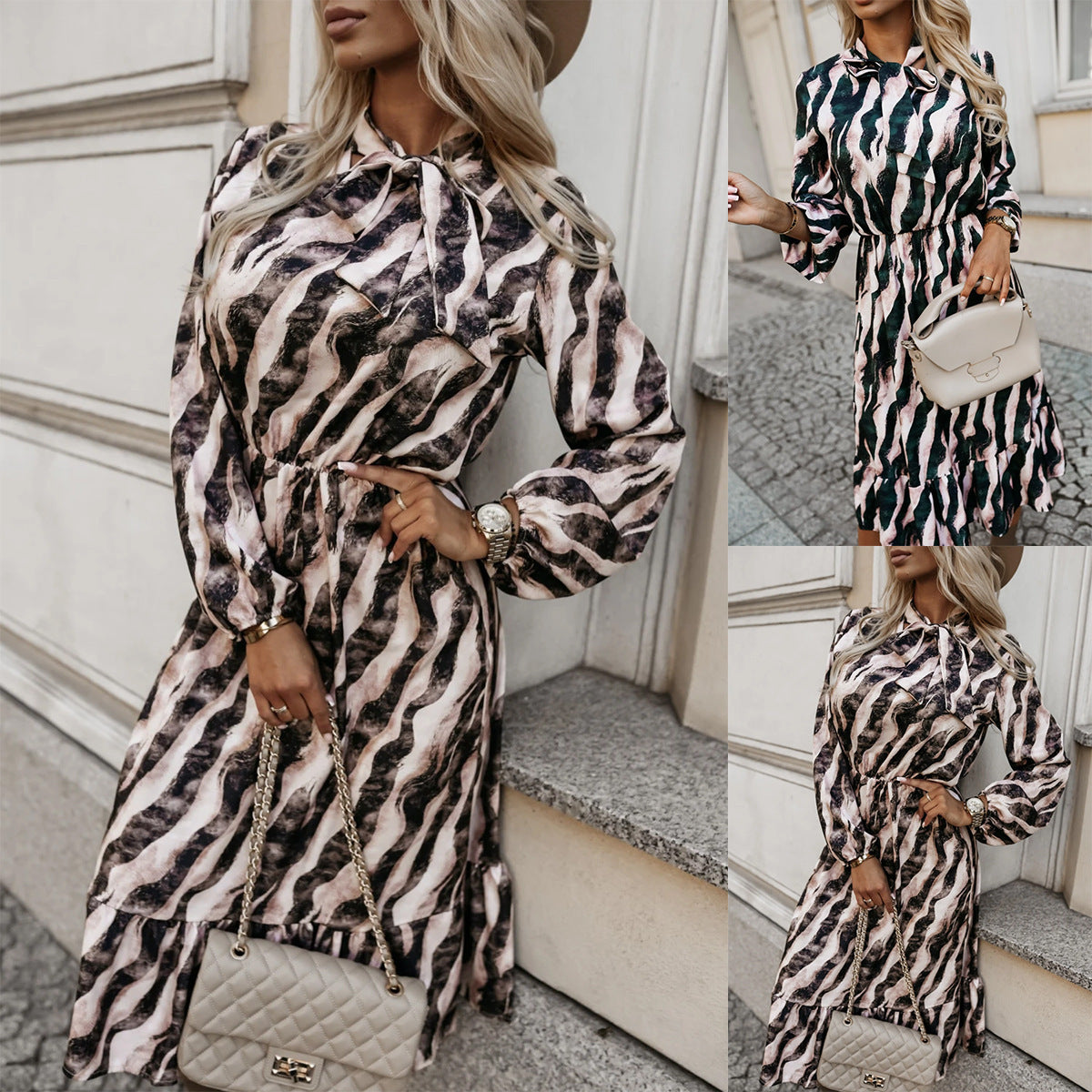 Women's Fashion Bowknot Zebra Print Long Sleeve Dress